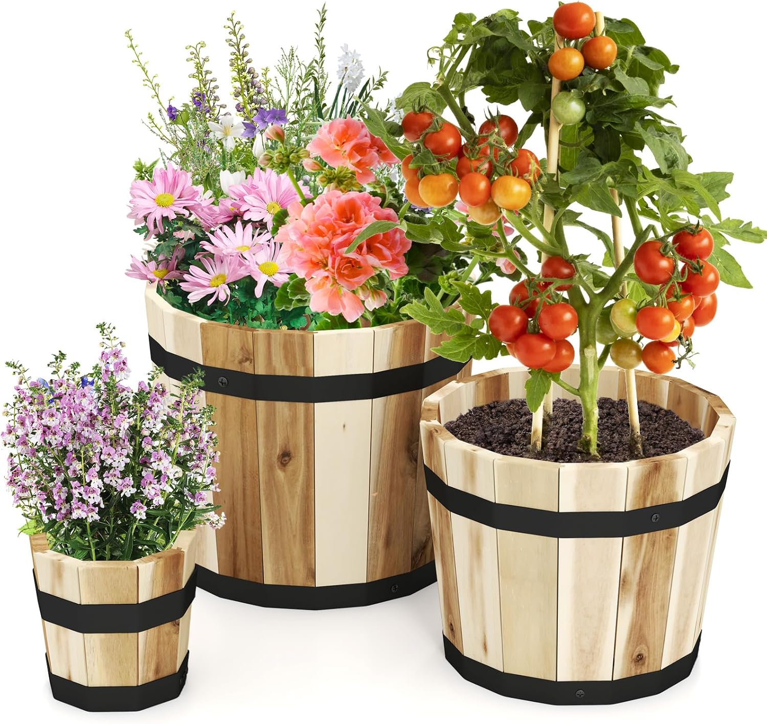 HAPPYGRILL Wooden Plant Pots, 3 Solid Acacia Wood Whiskey Barrel Planters w/Drainage Holes for Flower Herb Shrub, Multi Sizes Indoor Outdoor Patio Planting Flower Pots Home Decoration