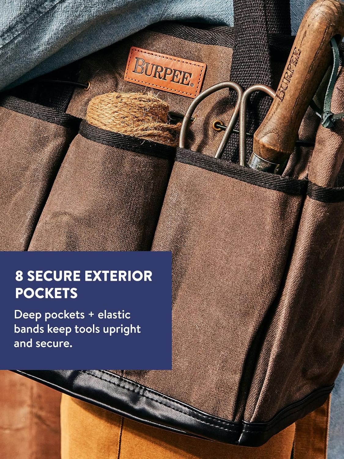 Burpee Waxed Canvas Garden Tool Tote | Heavy-Duty Tote Bag Storage Organizer for Gardening Tools | Great Gift for Gardeners | Canvas Tote Bag Caddy 8 Exterior Pockets for Tool Storage, 12" H x 14.5" W