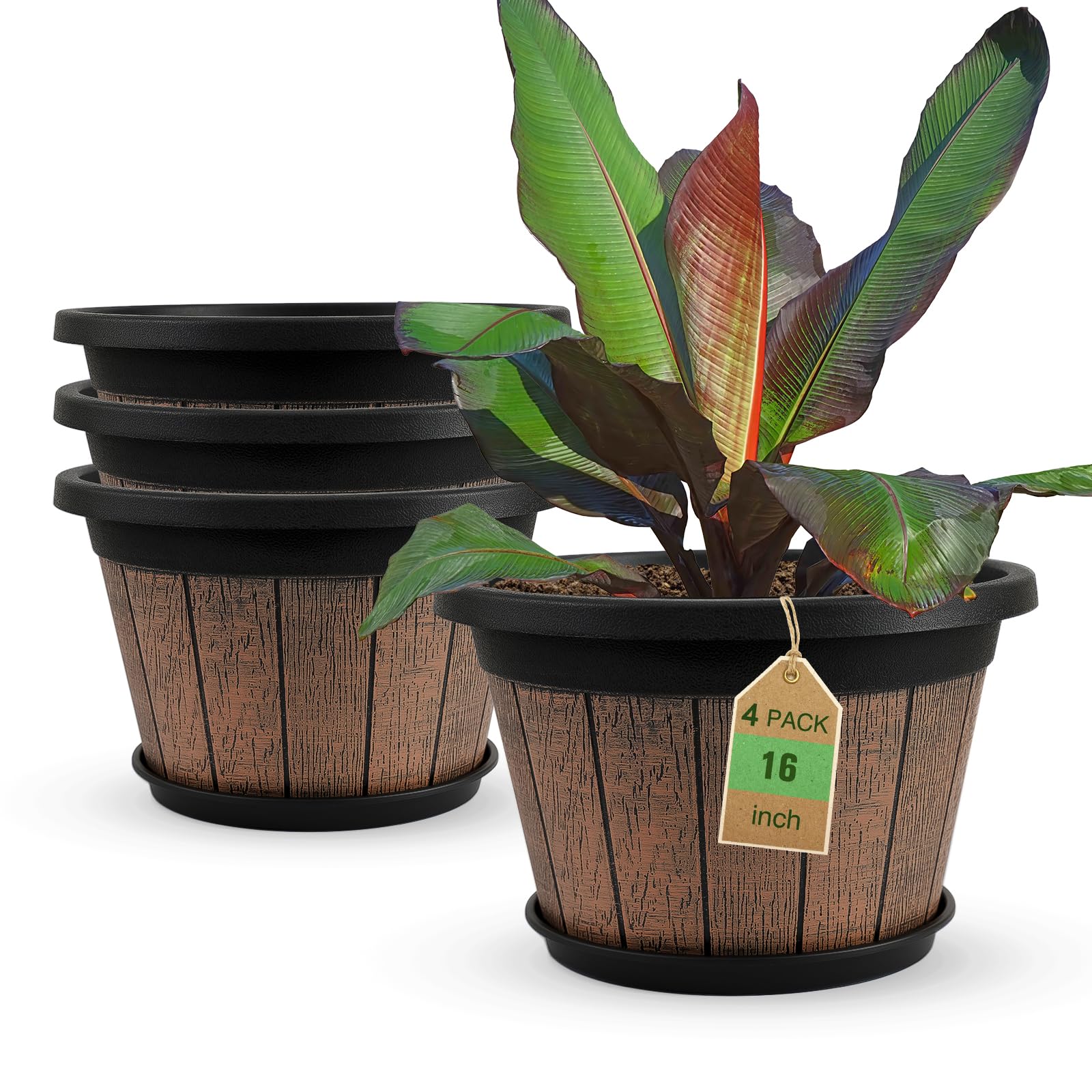 Quarut 4 Pack 10 inch Plant Pots,Upgrade Whiskey Barrel Planters with Drainage Holes & Saucer,Plastic Decoration Flower Pots Retro Design,Planters for Outdoor Indoor Garden Home Plants (Brown)