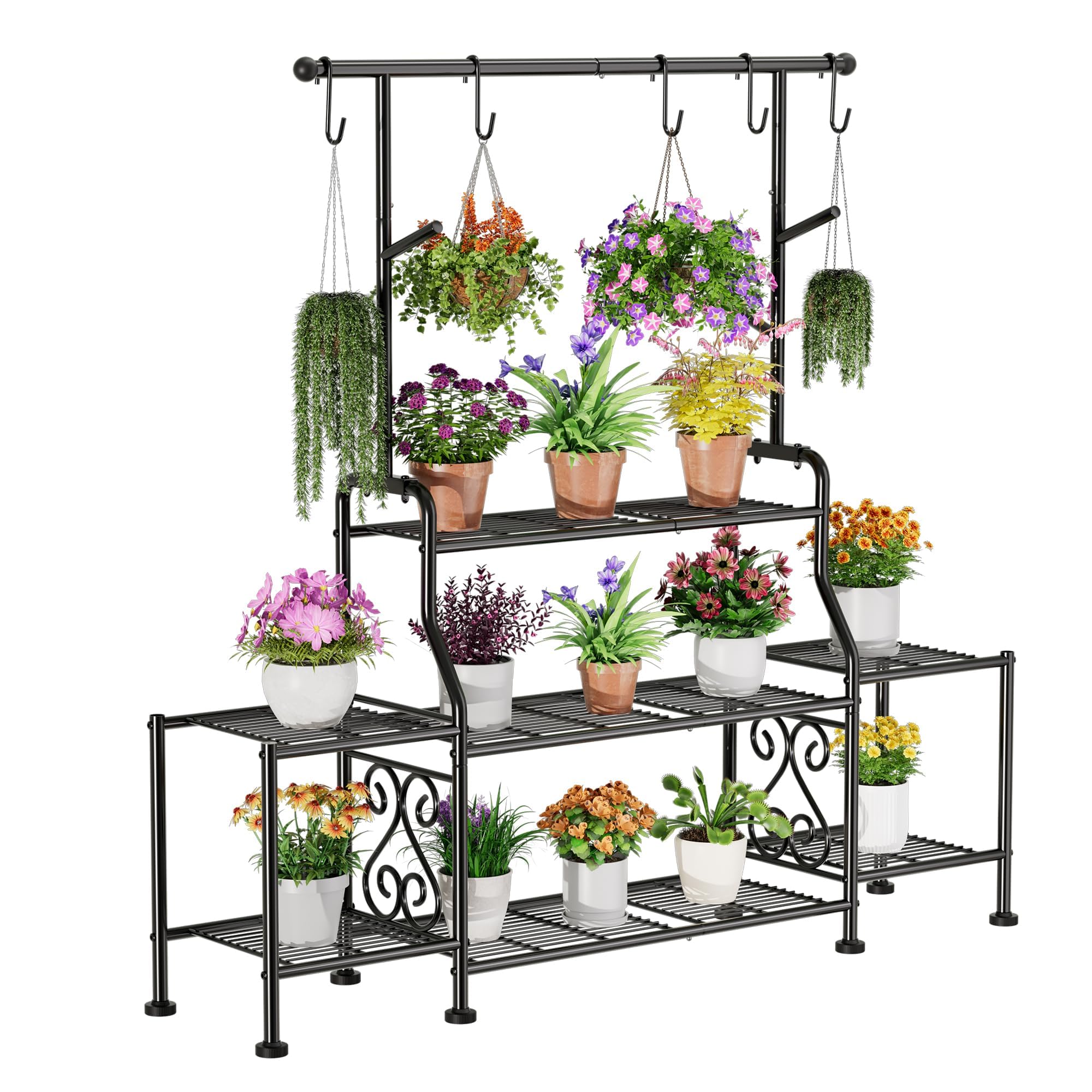 GIOTORENT Plant Stand Indoor, 3-Tier Heavy Duty Metal Shelf for Patio & Indoor, Tall Plant Holds 14+ Plants with 5 Hooks, Rust-Proof Plant Holder for Garden, Balcony, Living Room, Black