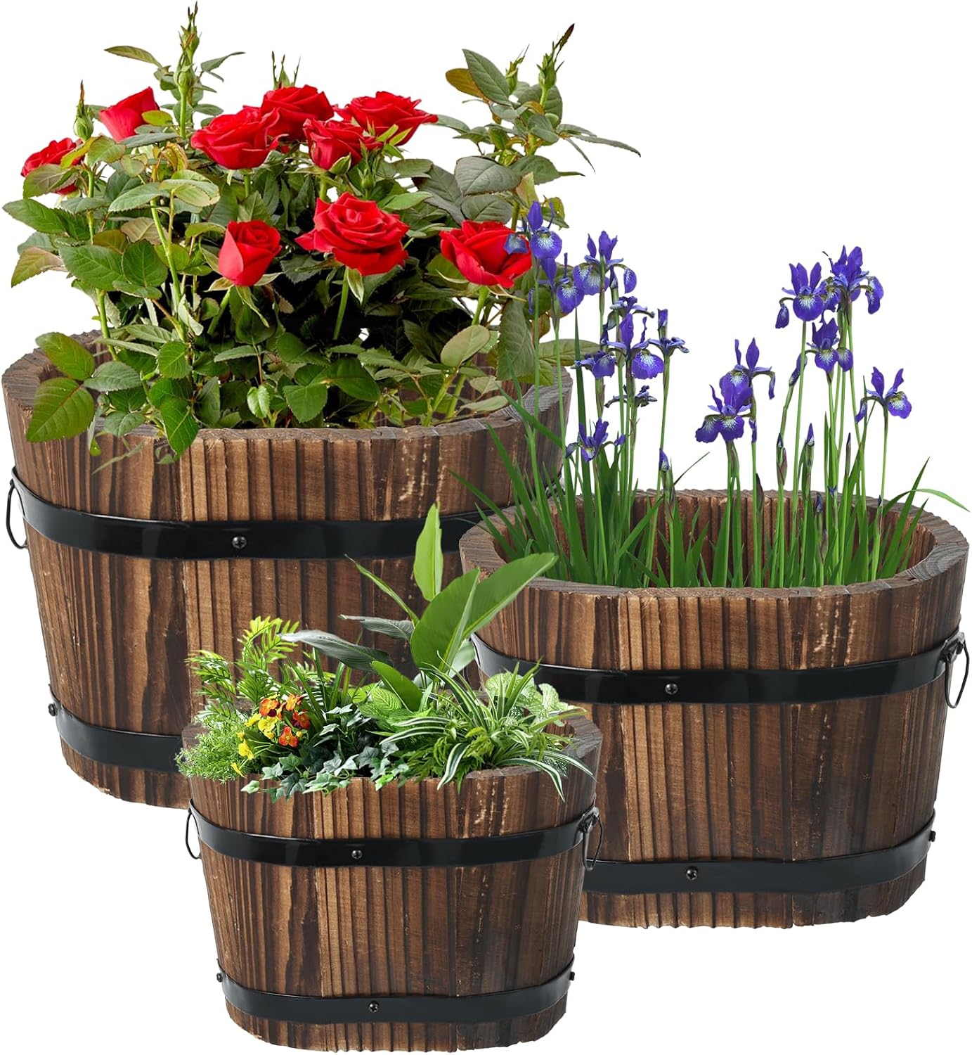 3 Pcs Wooden Whiskey Barrel Planters, Wooden Flower Planters Pots Boxes with Metal Handles 3 Sizes Planting Wood Buckets Tree Pot for Indoor Outdoor Garden Home Plants