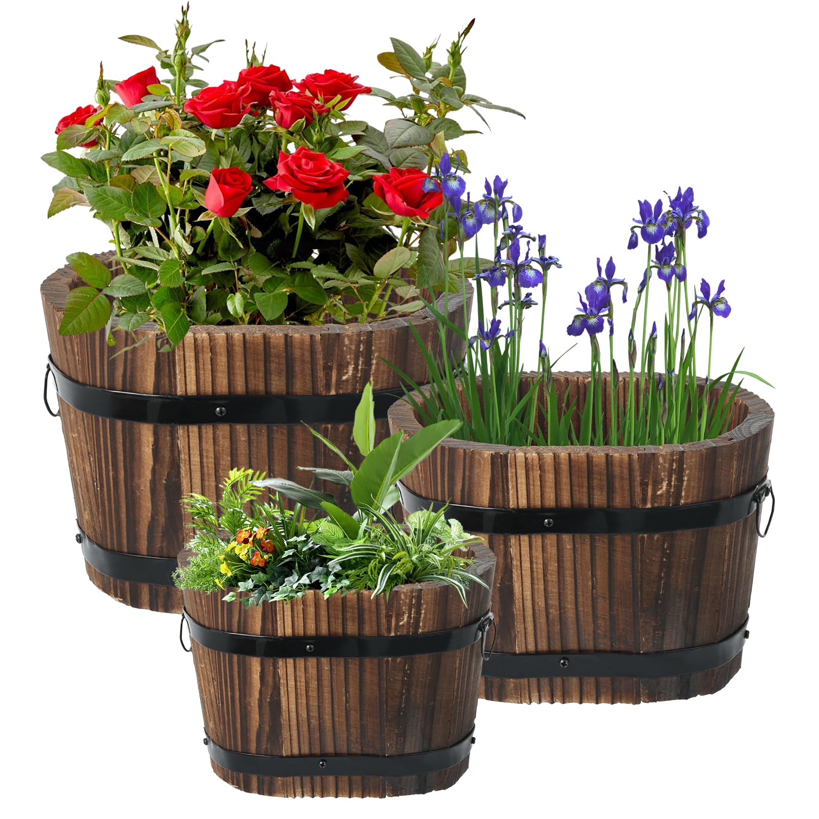 3 Pcs Wooden Whiskey Barrel Planters, Wooden Flower Planters Pots Boxes with Metal Handles 3 Sizes Planting Wood Buckets Tree Pot for Indoor Outdoor Garden Home Plants