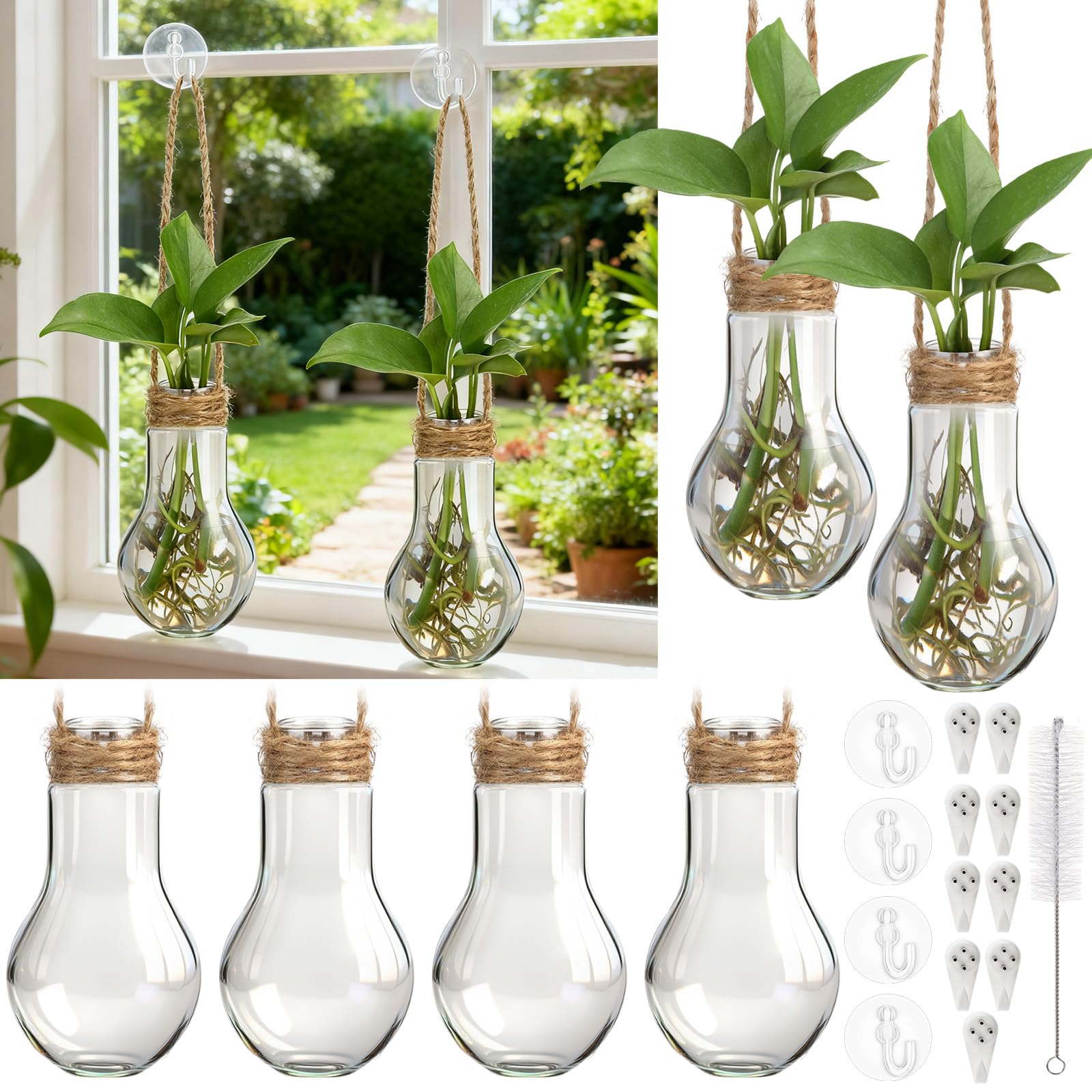 Baderke 18 Sets 3.94" Plastic Window Propagation Stations Hanging Propagation Vases Plant Test Tubes with Suction Cup & Traceless Nail & Brush Clear Wall Jars for Office Home Garden Decor Lover Gift