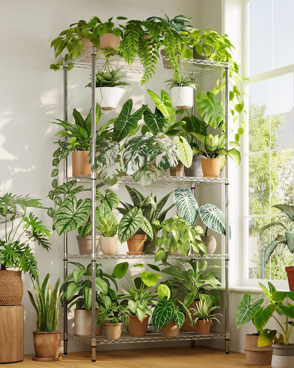 Metal Plant Stand Outdoor 63" Tall Plant Shelf for Plants 14-Tier Large Plant Sheves for Indoor Plants Living Room Heavy Duty Rack Garden Balcony Patio Hanging Planter