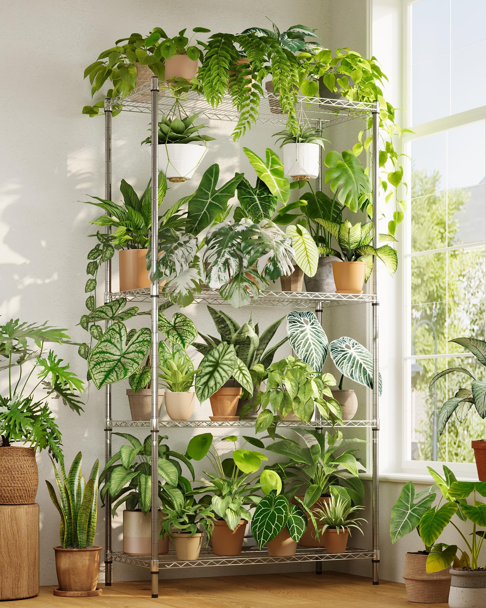 Metal Plant Stand Outdoor 63" Tall Plant Shelf for Plants 14-Tier Large Plant Sheves for Indoor Plants Living Room Heavy Duty Rack Garden Balcony Patio Hanging Planter