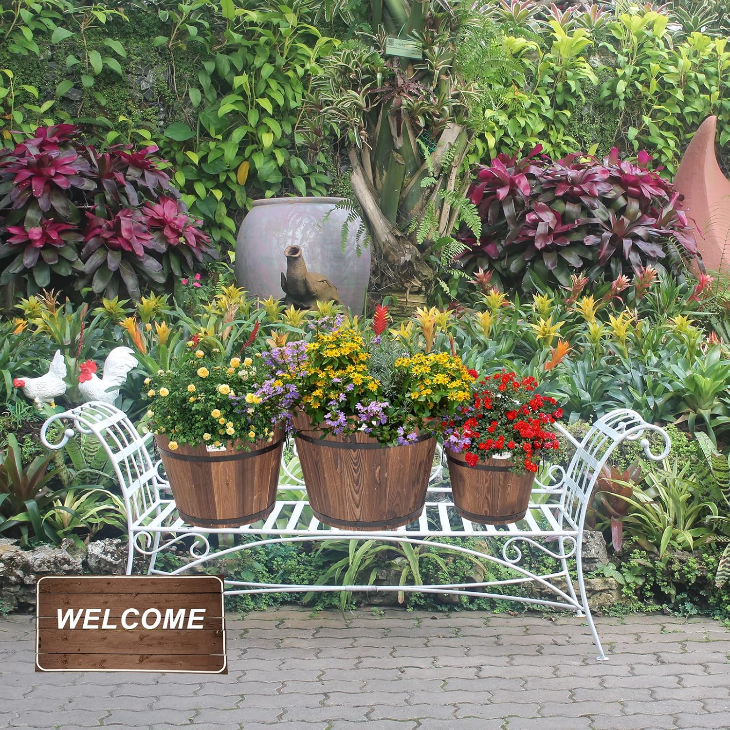 VINGLI 3 PCS Large Wooden Planter Barrel Set, 11.5"(Dia)- 18"(Dia) Real Wood Indoor/Outdoor Flower Pot w/Drainage Holes, Different Sizes, Large Garden Container Box