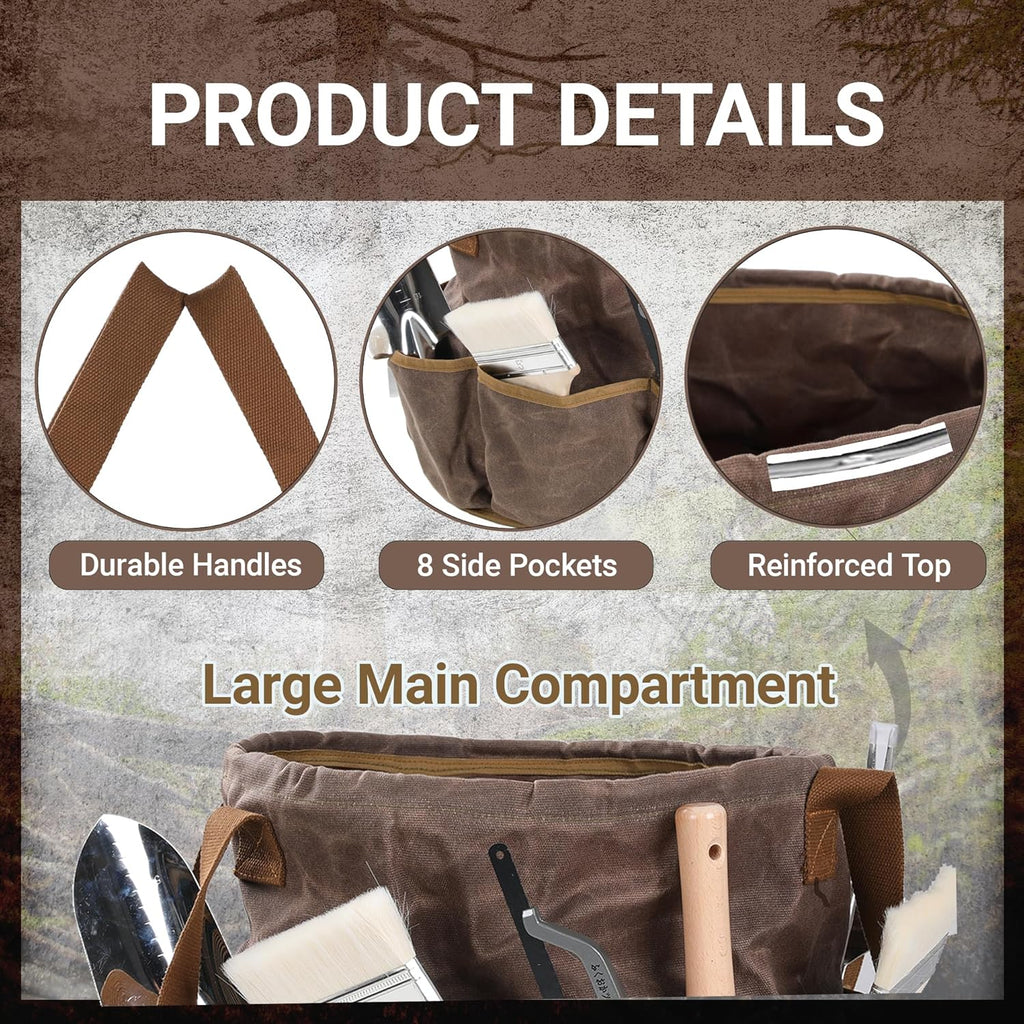 Waxed Canvas Garden Organizer Bag - Waterproof Bucket Tool Bag Portable with Side Pockets, Portable Gardening Tote for Lawn/Yard | Grey