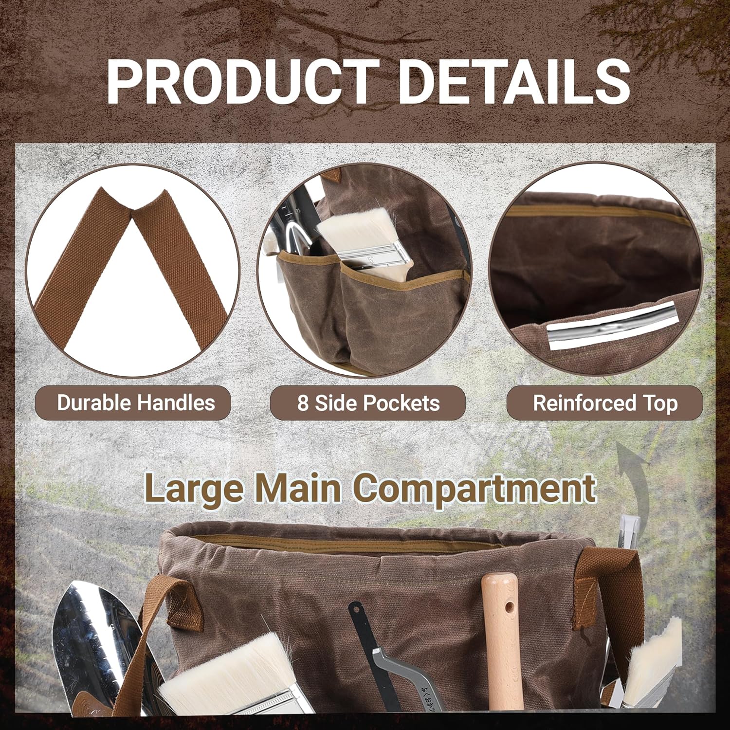 Waxed Canvas Garden Organizer Bag - Waterproof Bucket Tool Bag Portable with Side Pockets, Portable Gardening Tote for Lawn/Yard | Grey