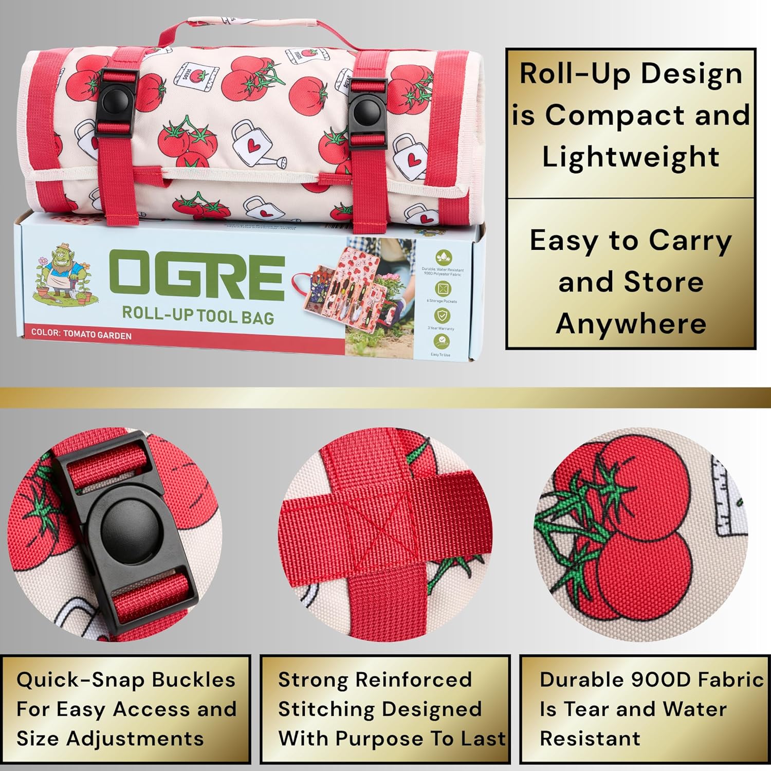 Garden Tool Bag - Roll-Up Garden Tool Holder with Deep Pockets | 900D Polyester Heavy Duty Gardening Tote | Compact Washable Organizer for Tools, Seeds, and Essentials (Tools Not Included)