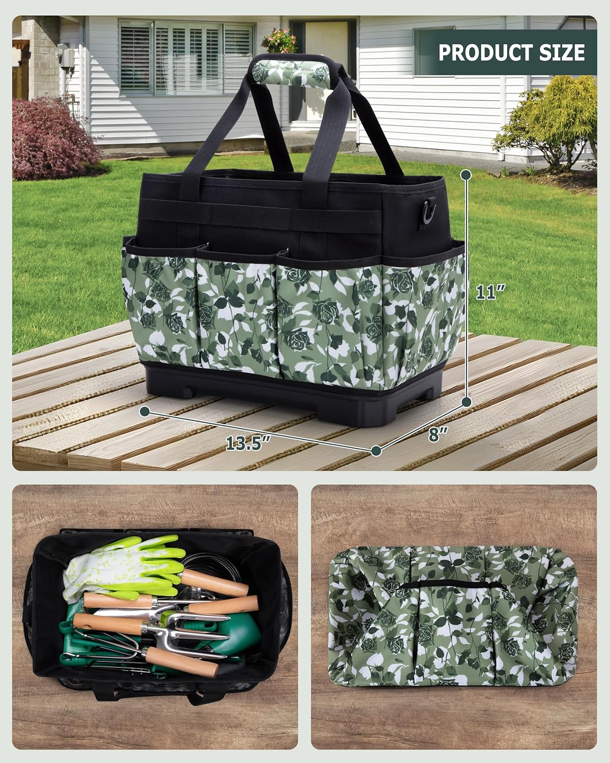 Garden Tool Bag with Hard Bottom, Garden Tote with Shoulder Strap and Multiple Pockets (No Accessories Included), Green Rose